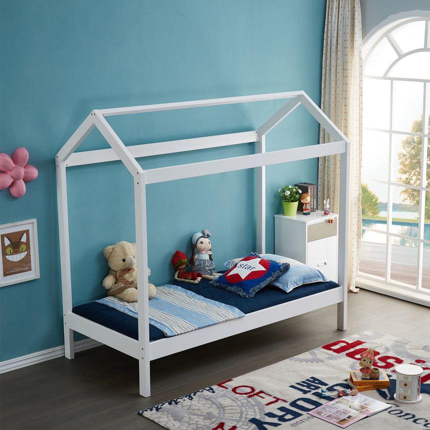 ALL 4 KIDS Layla White Wooden House Single Bed with Under Bed Storage